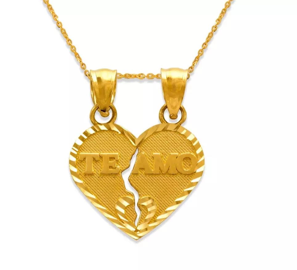 NEW 14K YELLOW GOLD TWO-PIECE TE AMO HEART PENDANT: NEW 14K YELLOW GOLD TWO-PIECE TE AMO HEART PENDANT 14K Yellow Gold Approx. 18x16mm High Polished/Diamond Cut Chains Sold Separately Weight: 1.9 Grams