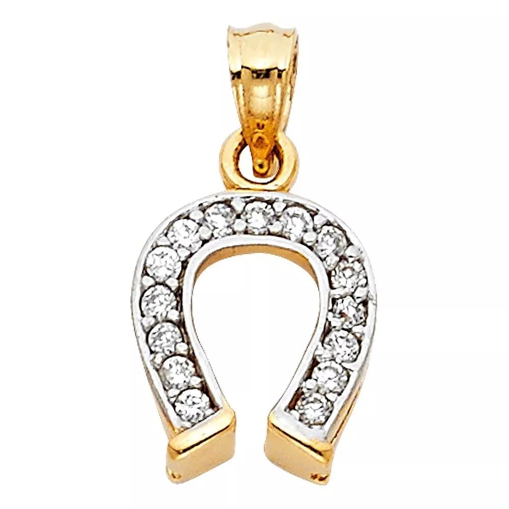 NEW 14K TWO TONE GOLD CZ LUCKY HORSE SHOE PENDANT (1 of 2)