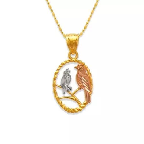 NEW 14K TRICOLOR GOLD TWO DOVES ON A BRANCE PENDANT: NEW 14K TRICOLOR GOLD TWO DOVES ON A BRANCE PENDANT 14K Tricolor Gold Approx. 11x17mm High Polished/Diamond Cut Chains Sold Separately Weight: 1.0 Grams