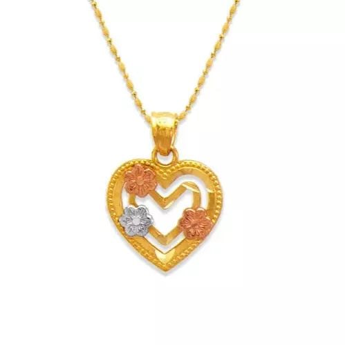 NEW 14K TRICOLOR GOLD HEARTS AND FLOWERS PENDANT: NEW 14K TRICOLOR GOLD HEARTS AND FLOWERS PENDANT 14K Tricolor Gold Approx. 14x13mm High Polished/Diamond Cut Chains Sold Separately Weight: 1.0 Grams