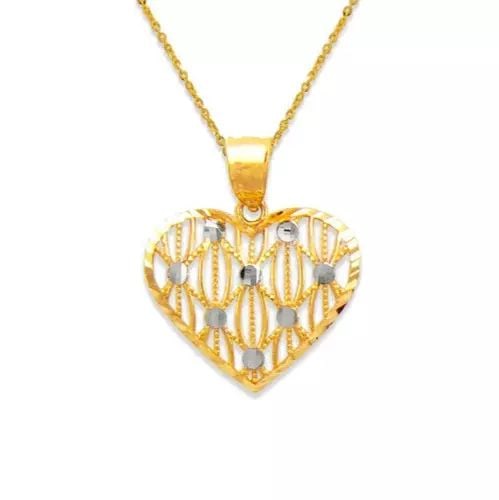 NEW 14K TWO-TONE GOLD DECORATIVE HEART PENDANT: NEW 14K TWO-TONE GOLD DECORATIVE HEART PENDANT 14K Two Tone Gold Approx. 18X15mm High Polished/Diamond Cut/Filigree Chains Sold Separately Weight: 1.1 Grams
