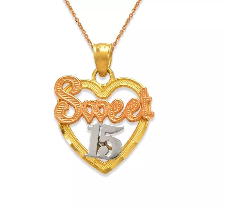 NEW 14K TRICOLOR GOLD SWEET 15 PENDANT: NEW 14K TRICOLOR GOLD SWEET 15 PENDANT 14K Tricolor Gold Approx. 16x16mm High Polished/Diamond Cut Chains Sold Separately Weight: 1.3 Grams