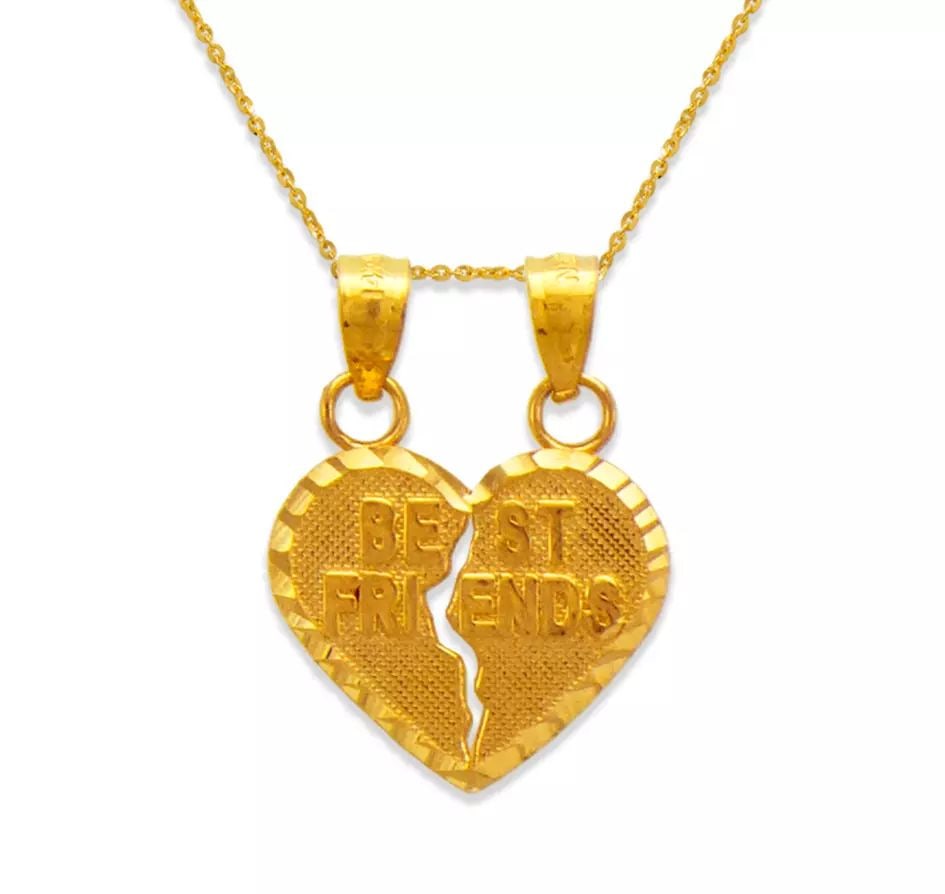 NEW 14K YELLOW GOLD TWO-PIECE BEST FRIENDS PENDANT: NEW 14K YELLOW GOLD TWO-PIECE BEST FRIENDS PENDANT 14K Yellow Gold Approx. 15x13mm High Polished/Diamond Cut Chains Sold Separately Weight: 1.3 Grams