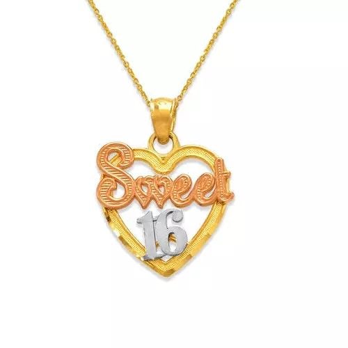 NEW 14K TRICOLOR GOLD SWEET 16 HEART PENDANT: NEW 14K TRICOLOR GOLD SWEET 16 HEART PENDANT 14K Tricolor Gold Approx. 16x16mm High Polished/Diamond Cut Chains Sold Separately Weight: 1.3 Grams