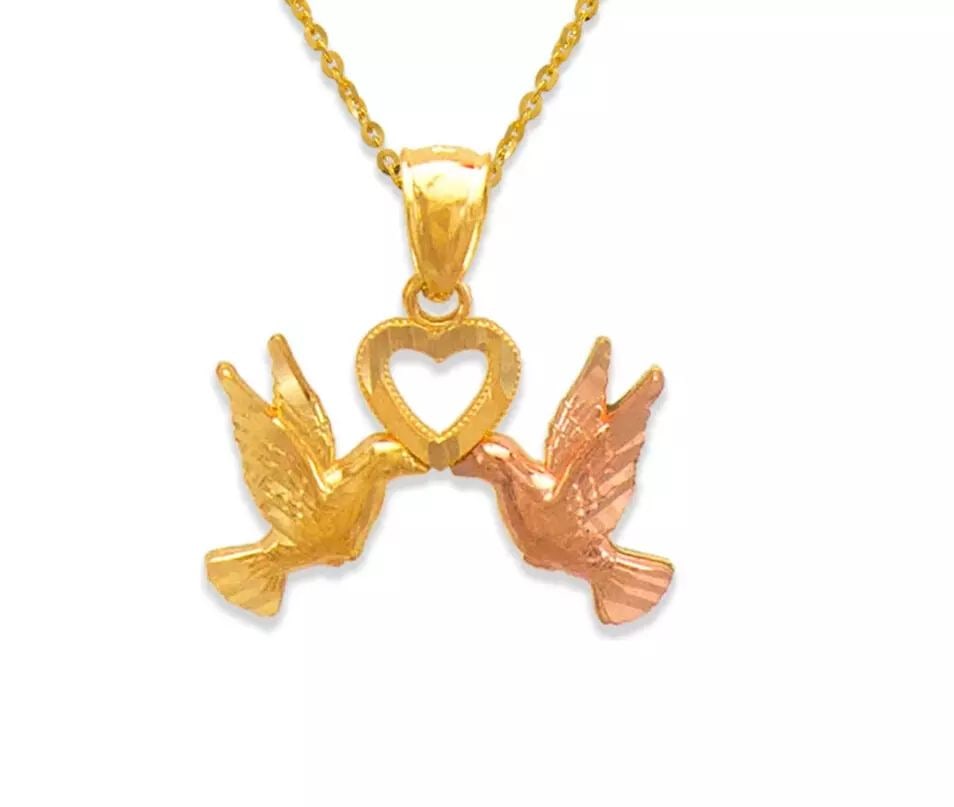 NEW 14K TWO-TONE GOLD DOVES KISSING WITH HEART PENDANT (1 of 2)