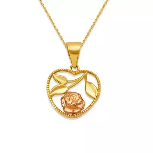 NEW 14K TWO-TONE GOLD ROSE HEART FRAME PENDANT (1 of 2)