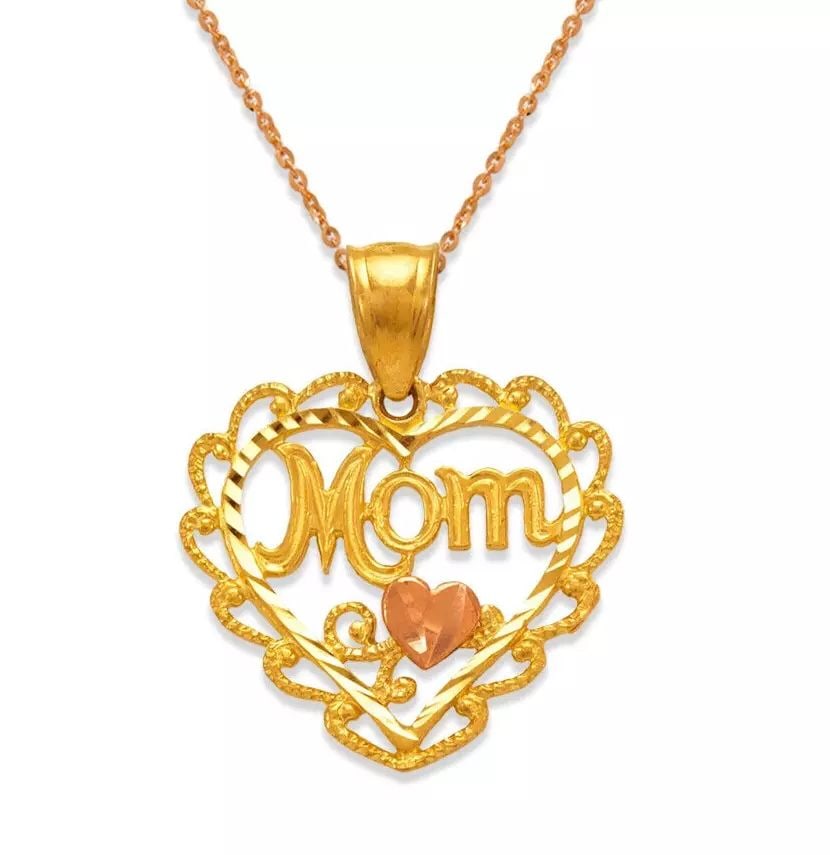 NEW 14K TWO-TONE GOLD MOM HEART PENDANT: NEW 14K YELLOW GOLD HIGH POLISHED PENDANT 14K Yellow Gold Approx. 13x13mm High Polished Chains Sold Separately Weight: 1.8 Grams