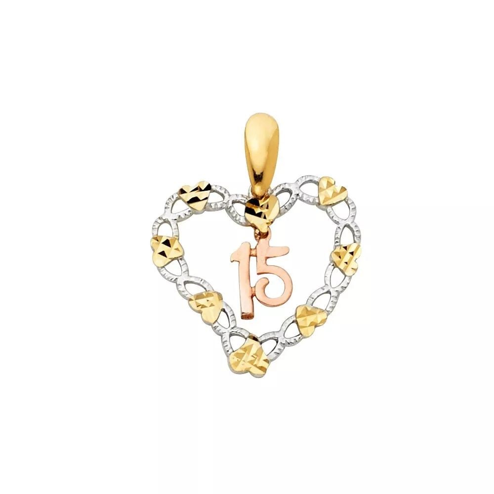 NEW 14K TRI COLOR GOLD CZ 15 YEARS HEART PENDANT: NEW 14K TRI COLOR GOLD CZ 15 YEARS HEART PENDANT 14K TRI COLOR GOLD NEW CZ 15 YEARS HEART PENDANT WEIGHT: 1.3