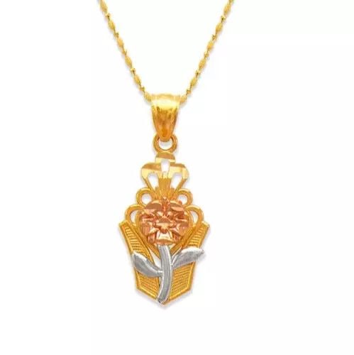 NEW 14K TRICOLOR GOLD ROSE BOUQUET PENDANT: NEW 14K TRICOLOR GOLD ROSE BOUQUET PENDANT 14K Tricolor Gold Approx. 11x20mm High Polished/Diamond Cut Chains Sold Separately Weight: 1.7 Grams