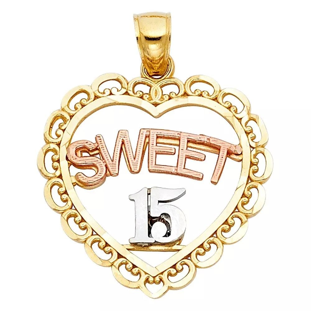 NEW 14K TRI COLOR GOLD 15 YEARS HEART PENDANT: NEW 14K TRI COLOR GOLD 15 YEARS HEART PENDANT 14K TRI COLOR GOLD> NEW 15 YEARS HEART PENDANT WEIGHT: 1.9