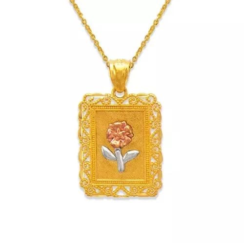 NEW 14K TRICOLOR GOLD ROSE PENDANT: NEW 14K TRICOLOR GOLD ROSE PENDANT 14K Tricolor Gold Approx. 15x18mm High Polished/Diamond Cut Chains Sold Separately Weight: 2.3 Grams