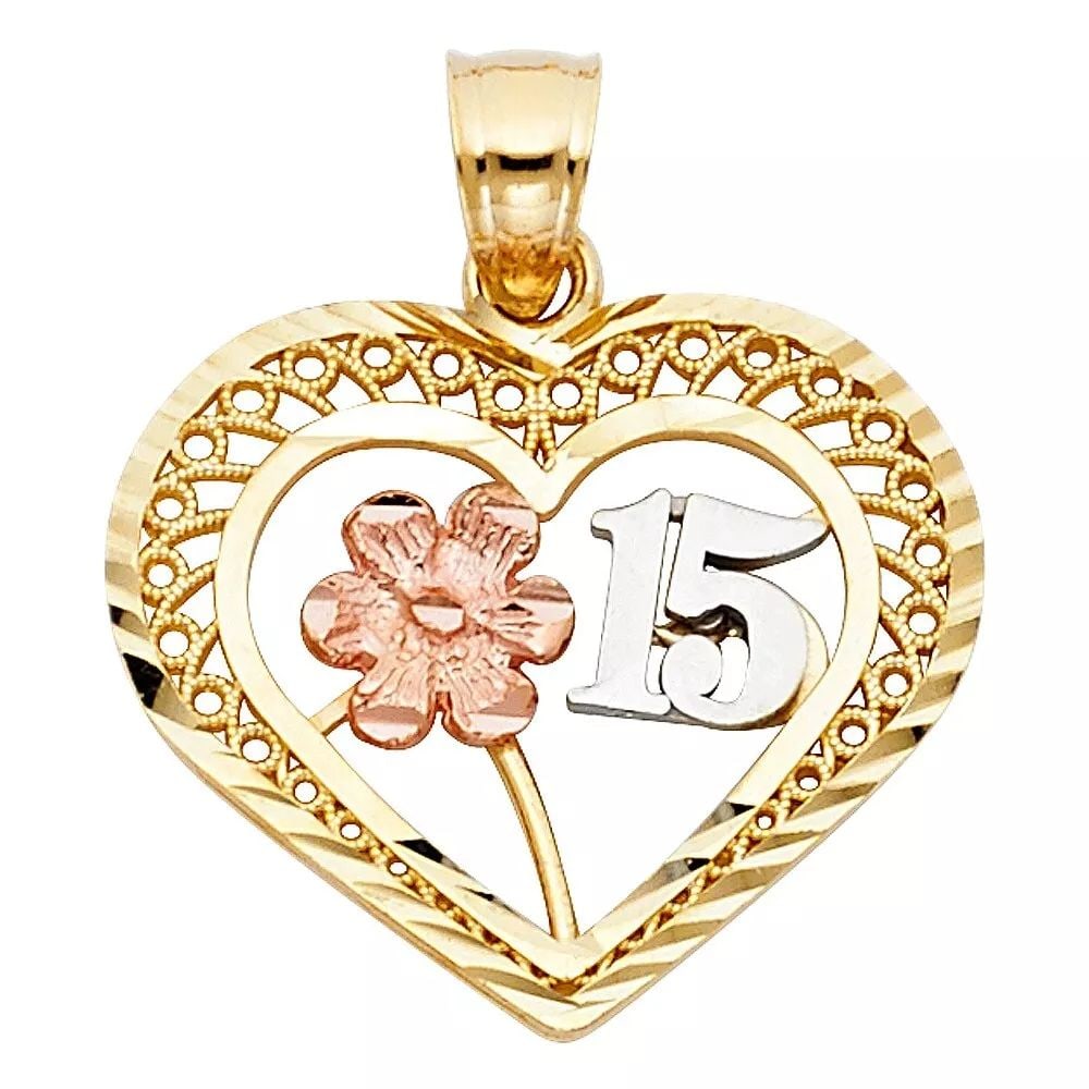 NEW 14K TRI COLOR GOLD 15 YEARS HEART PENDANT: NEW 14K TRI COLOR GOLD 15 YEARS HEART PENDANT 14K TRI COLOR GOLD NEW 15 YEARS HEART PENDANT WEIGHT: 1.9g