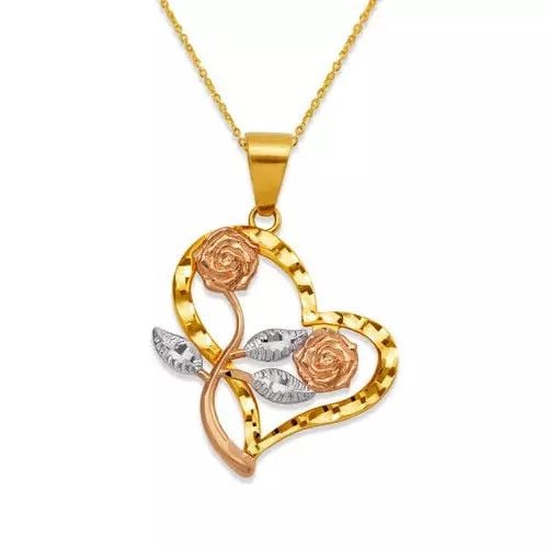 NEW 14K TRICOLOR GOLD HEART ROSE PENDANT (1 of 2)