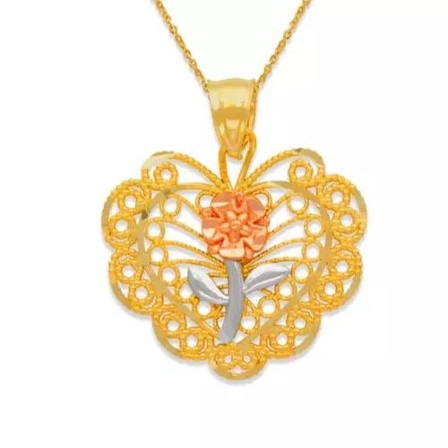 NEW 14K TRICOLOR GOLD ROSE HEART PENDANT: NEW 14K TRICOLOR GOLD ROSE HEART PENDANT 14K Tricolor Gold Approx. 26x28mm High Polished/Diamond Cut/Filigree Chains Sold Separately Weight: 2.6 Grams