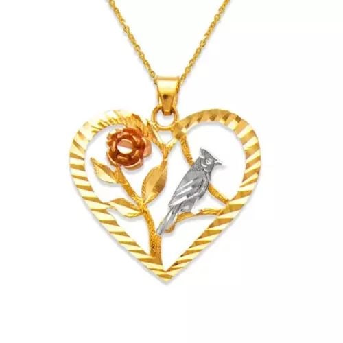 NEW 14K TRICOLOR GOLD ROSE AND DOVE HEART PENDANT: NEW 14K TRICOLOR GOLD ROSE AND DOVE HEART PENDANT 14K Tricolor Gold Approx. 25x22mm High Polished/Diamond Cut/Filigree Chains Sold Separately Weight: 2.6 Grams