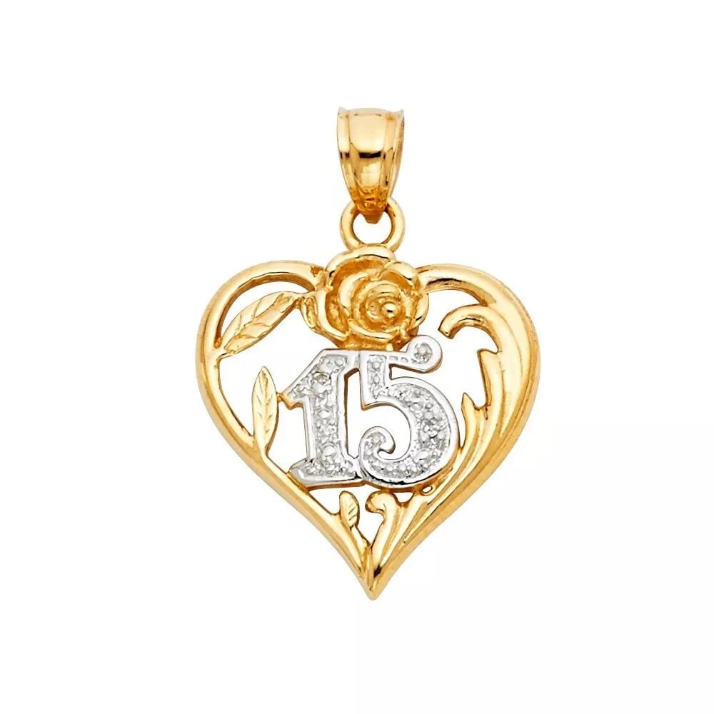 NEW 14K TRI COLOR GOLD CZ 15 YEARS HEART PENDANT: NEW 14K TRI COLOR GOLD CZ 15 YEARS HEART PENDANT 14K TRI COLOR GOLD> NEW CZ 15 YEARS HEART PENDANT WEIGHT: 2.6