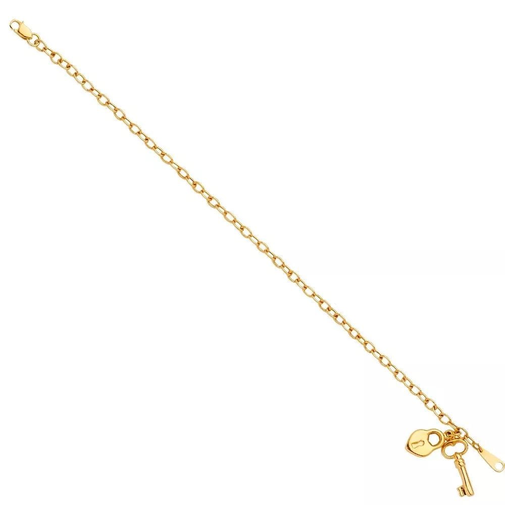 NEW 14K YELLOW GOLD HEART & KEY PENDANT HOLLOW BRACELET (1 of 2)