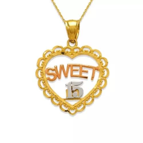 NEW 14K TRICOLOR GOLD SWEET 15 HEART PENDANT: NEW 14K TRICOLOR GOLD SWEET 15 HEART PENDANT 14K Tricolor Gold Approx. 25x24mm High Polished/Diamond Cut Chains Sold Separately Weight: 2.3 Grams