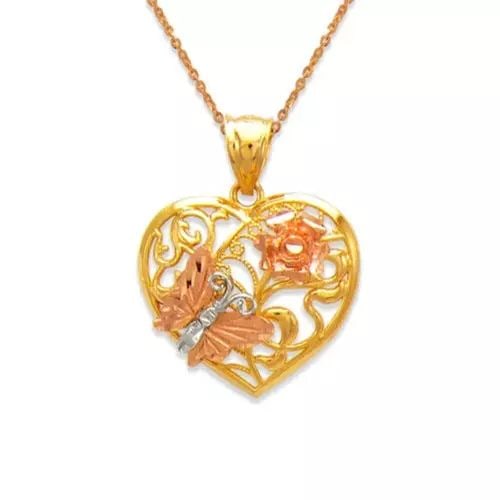 NEW 14K TRICOLOR GOLD BUTTERFLY AND ROSE HEART PENDANT: NEW 14K TRICOLOR GOLD BUTTERFLY AND ROSE HEART PENDANT 14K Tricolor Gold Approx. 21x19mm High Polished/Diamond Cut/Filigree Chains Sold Separately Weight: 3.0 Grams