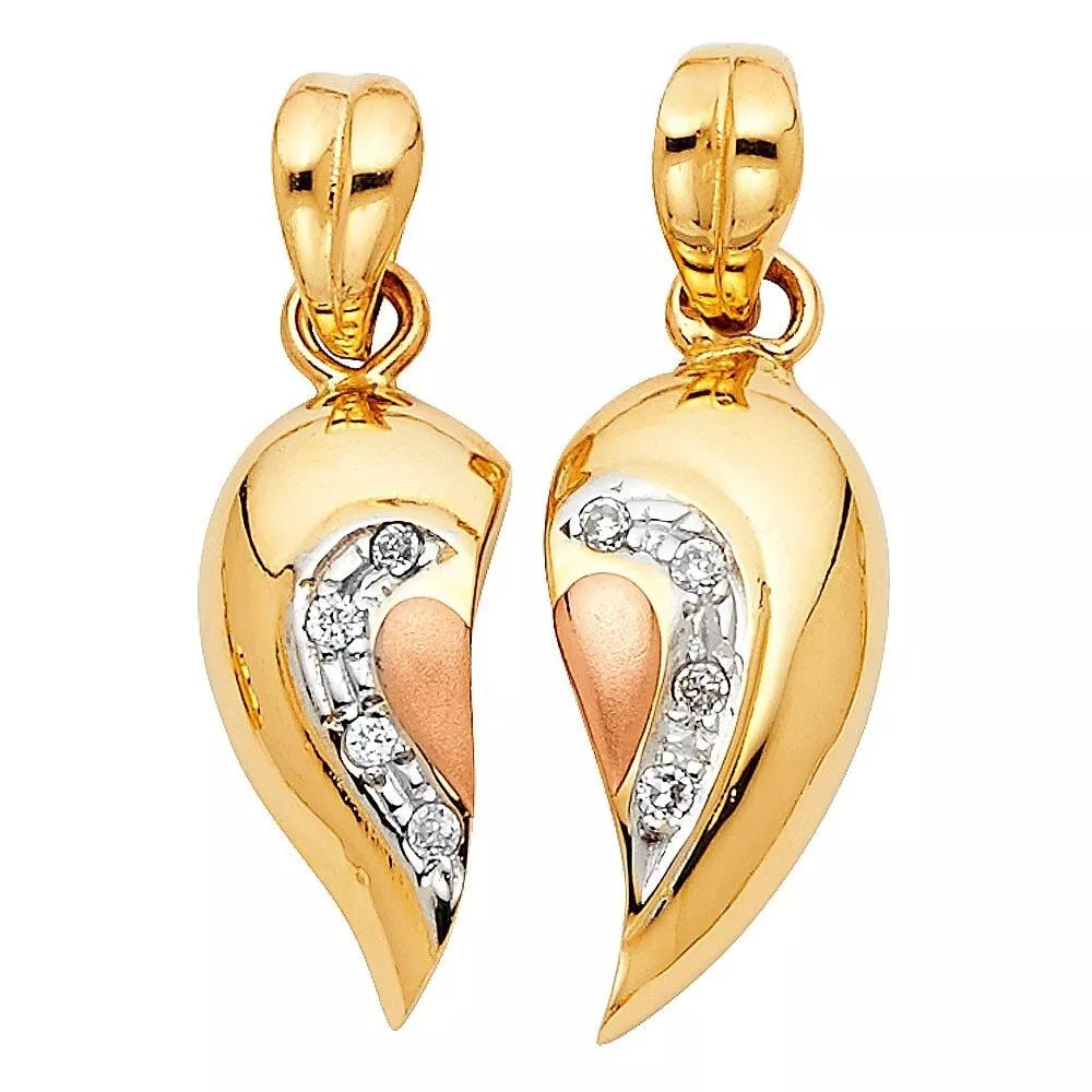 NEW 14K TWO TONE GOLD CZ HEART 2 PIECE PENDANT SET (1 of 2)