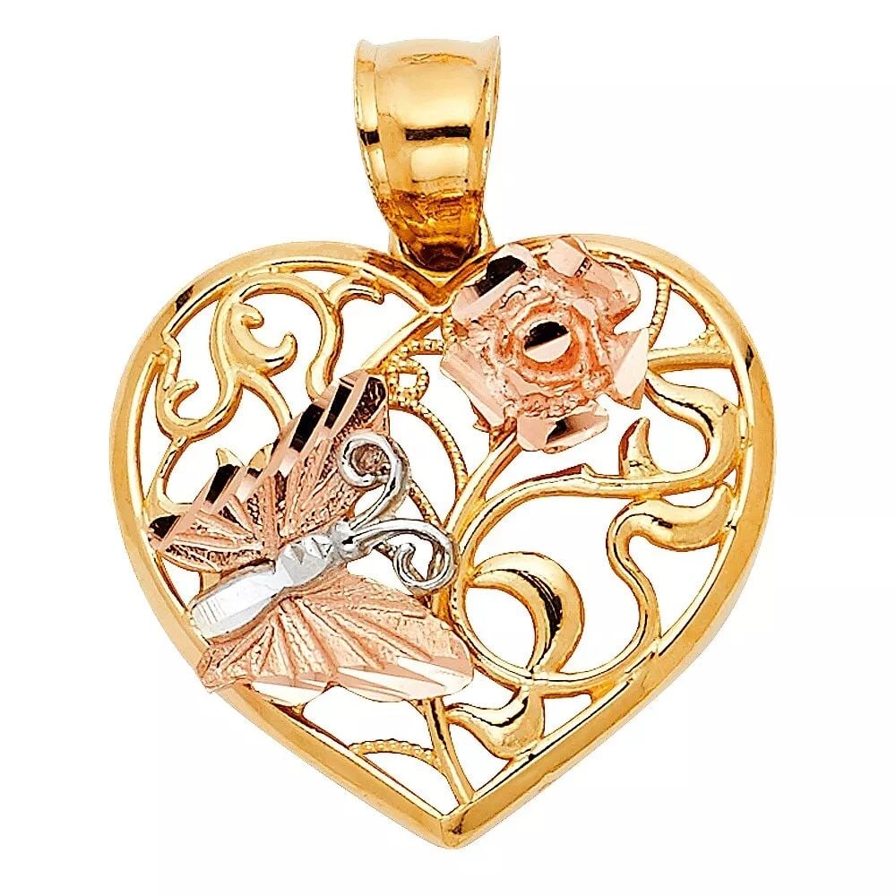 NEW 14K TRI COLOR GOLD HEART WITH BUTTERFLY PENDANT (1 of 2)