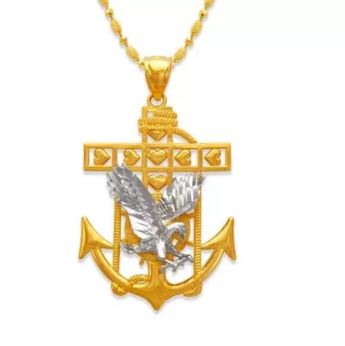 NEW 14K TWO-TONE GOLD EAGLE ANCHOR PENDANT: NEW 14K TWO-TONE GOLD EAGLE ANCHOR PENDANT 14K Two Tone Gold Approx. 26x34mm High Polished Chains Sold Separately Weight: 5.2 Grams