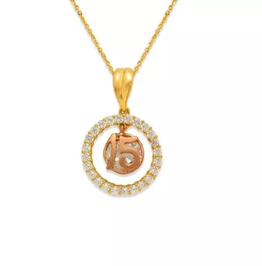 NEW 14K TWO-TONE GOLD FANCY 15 ANOS CZ PENDANT: NEW 14K TWO-TONE GOLD FANCY 15 ANOS CZ PENDANT 14K Two Tone Gold Approx. 14mm Center Cubic Zirconia Chains Sold Separately Items in this Set: Bracelet, Earrings, Ring Weight: 1.7 Grams