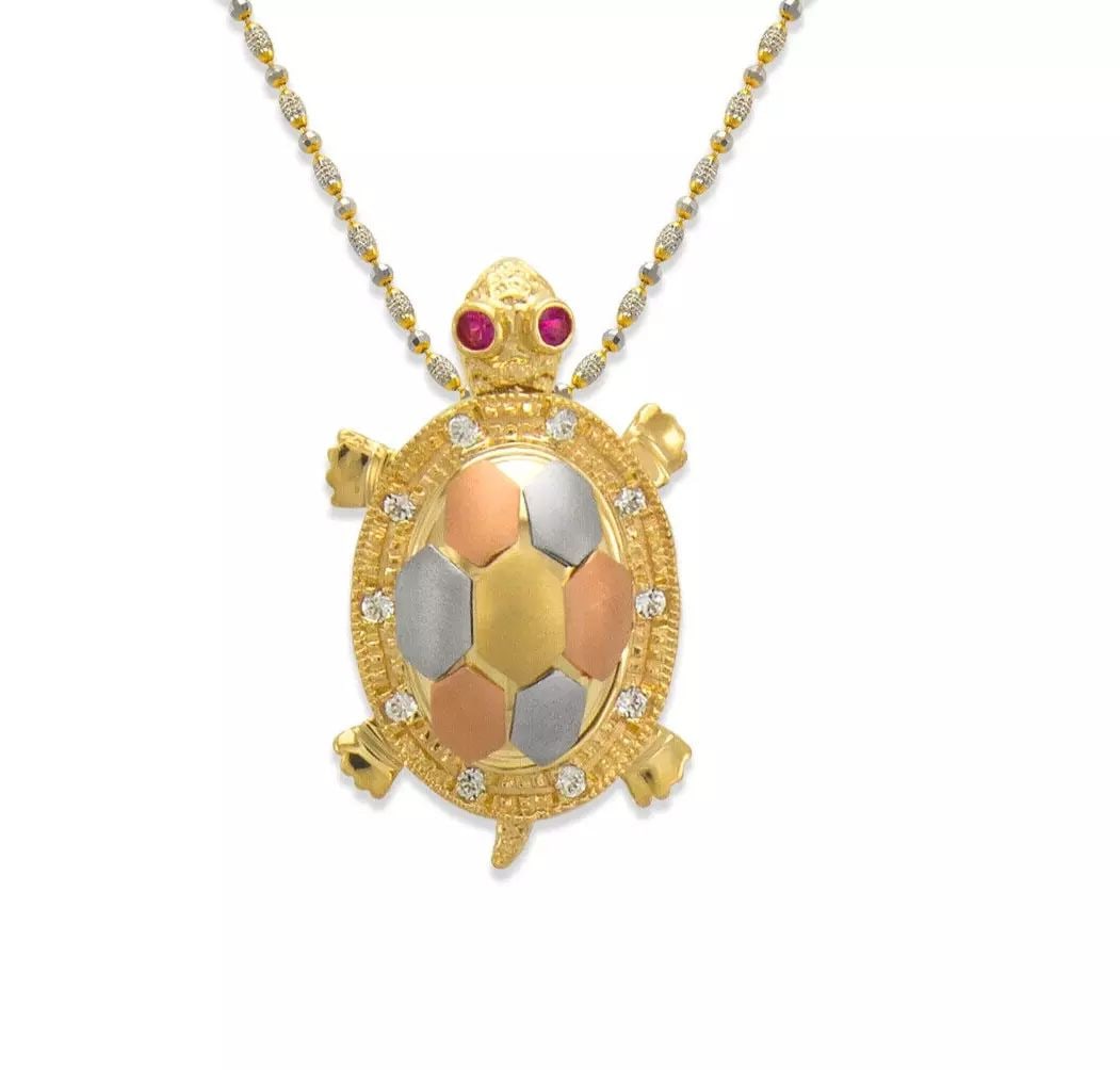 NEW 14K TRICOLOR GOLD MEDIUM FANCY OF TURTLE CZ PENDANT (1 of 2)