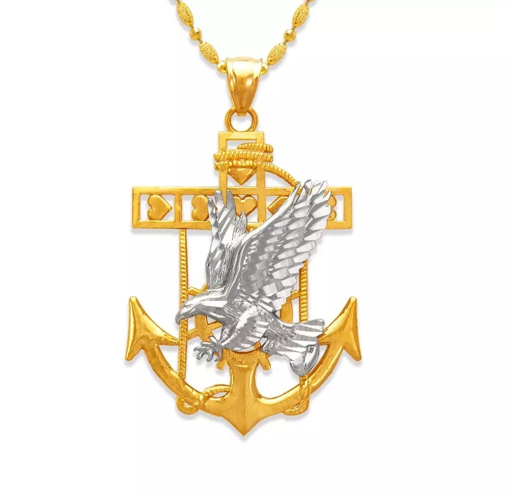 NEW 14K TWO-TONE GOLD EAGLE ANCHOR PENDANT: NEW 14K TWO-TONE GOLD EAGLE ANCHOR PENDANT 14K Two Tone Gold Approx. 29x37mm High Polished Chains Sold Separately Weight: 6.2 Grams