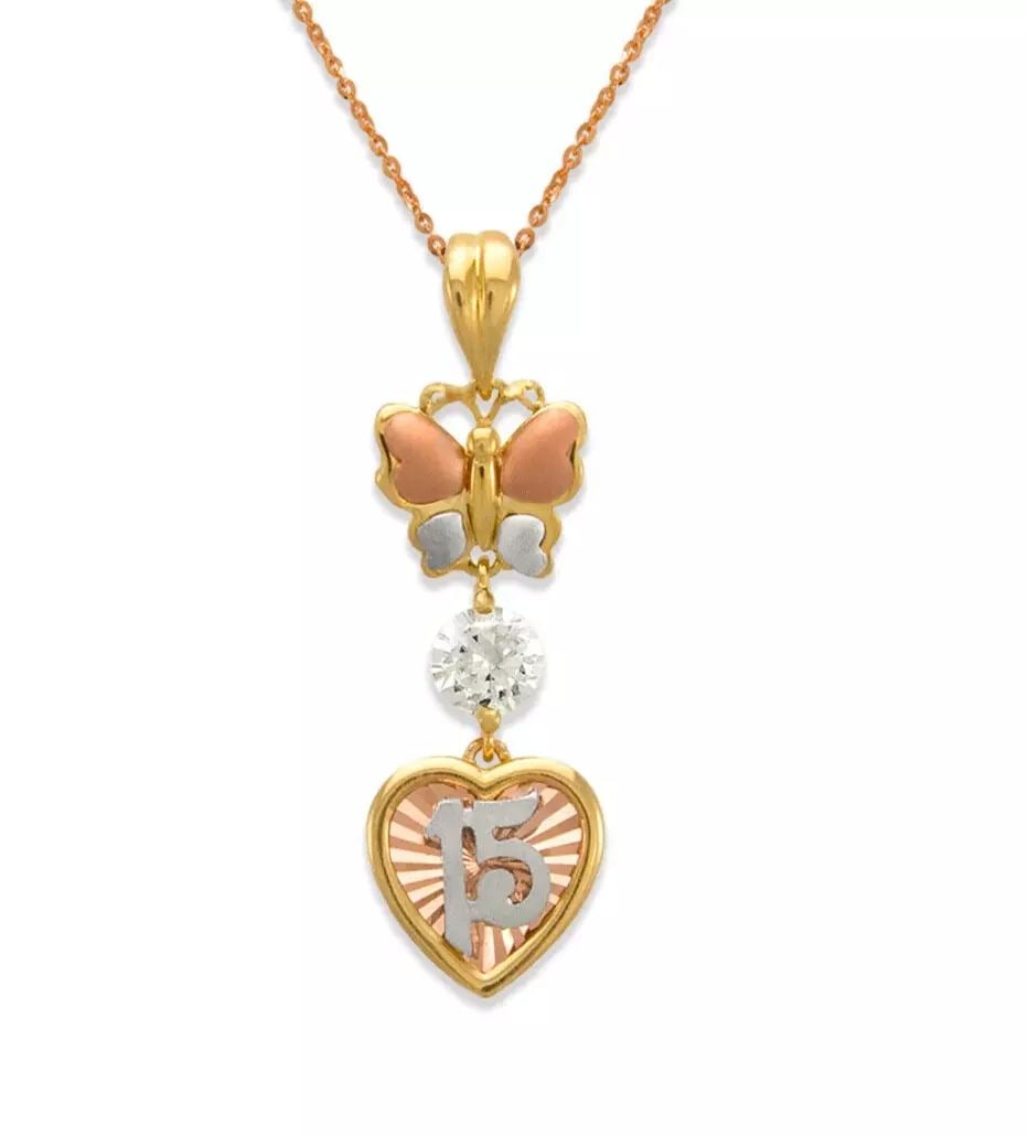 NEW 14K TRICOLOR GOLD FANCY 15 ANOS BUTTERFLY CZ PENDANT: NEW 14K TRICOLOR GOLD FANCY 15 ANOS BUTTERFLY CZ PENDANT 14K Tricolor Gold Approx. 12x37mm Items in this Set: Ring Available as a Set Available in White Gold Chains Sold Separately Weight: 3.3 Grams