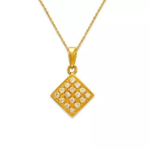NEW 14K YELLOW GOLD FANCY CZ PENDANT: NEW 14K YELLOW GOLD FANCY CZ PENDANT 14K Yellow Gold Approx. 11x11mm, 18mm [Length] High Polished/Cubic Zirconia Available in White Gold Items in this Set: Earrings Available as a Set Chains Sold Sepa