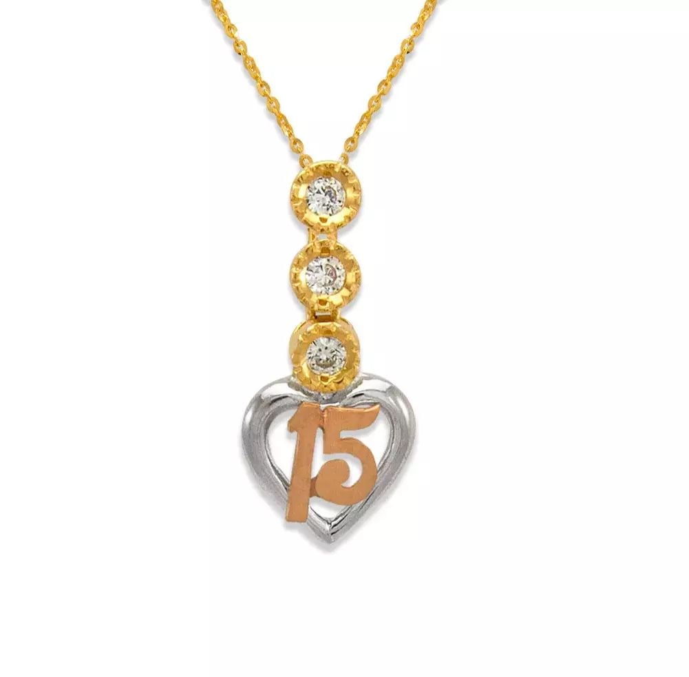 NEW 14K TRICOLOR GOLD FANCY 15 ANOS HEART CZ PENDANT: NEW 14K TRICOLOR GOLD FANCY 15 ANOS HEART CZ PENDANT 14K Tricolor Gold Approx. 12x24mm Available in White Gold Items in this Set: Earrings, Ring Available as a Set Chains Sold Separately Weight: 2.2 G