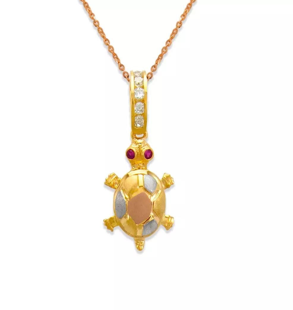 NEW 14K TRICOLOR GOLD FANCY TURTLE CZ PENDANT (1 of 2)