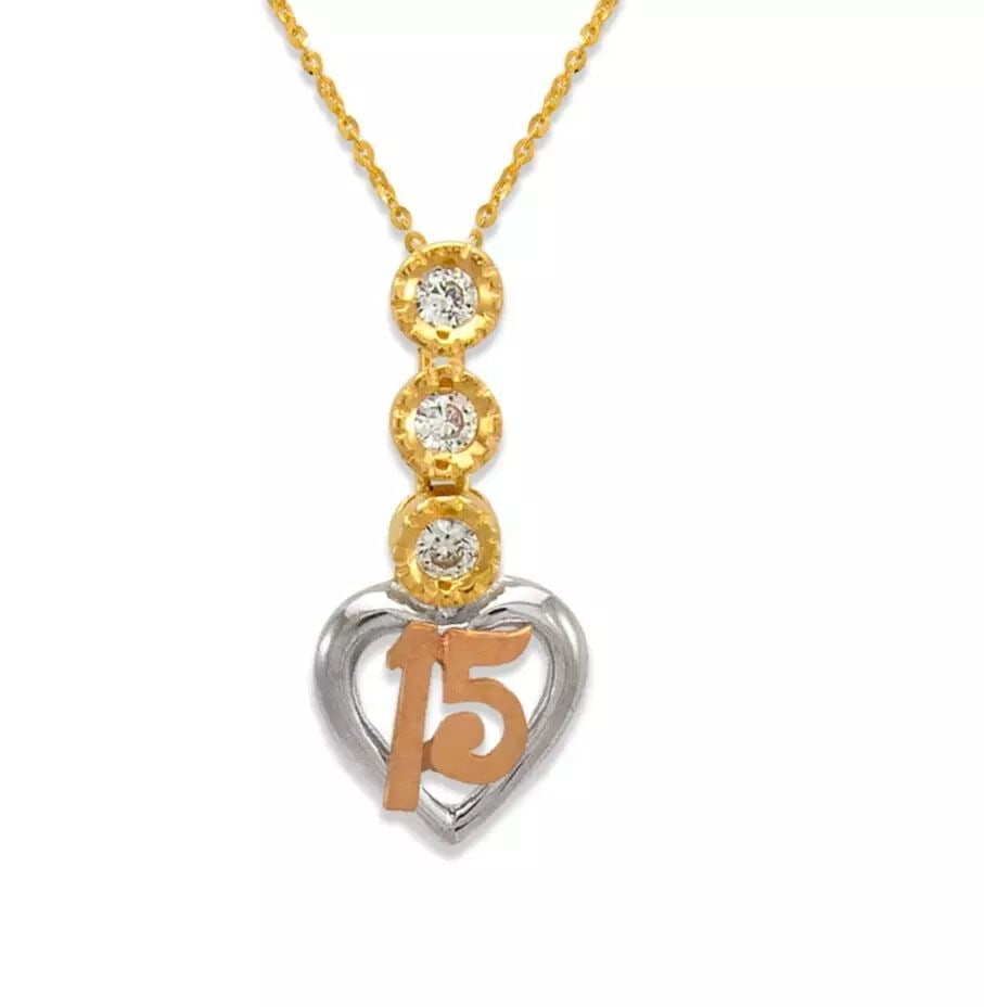 NEW 14K TRICOLOR GOLD FANCY 15 ANOS HEART CZ PENDANT: NEW 14K TRICOLOR GOLD FANCY 15 ANOS HEART CZ PENDANT 14K Tricolor Gold Approx. 12x24mm Available in White Gold Items in this Set: Earrings, Ring Available as a Set Chains Sold Separately Weight: 2.2 G