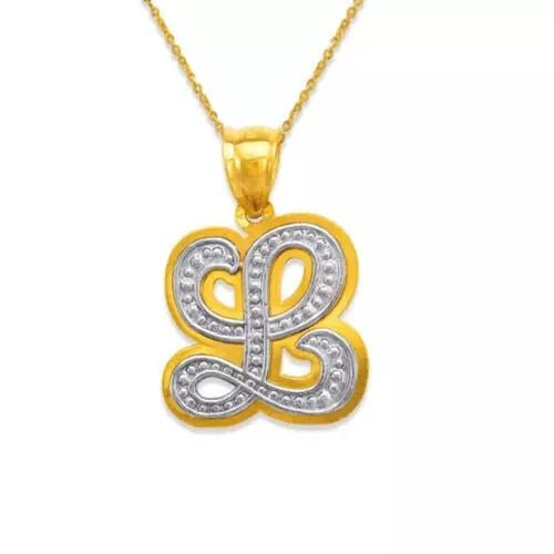 NEW 14K TWO-TONE GOLD INITIAL CURSIVE LETTER PENDANT: NEW 14K TWO-TONE GOLD INITIAL CURSIVE LETTER PENDANT 14K Two Tone Gold Approx. 17x18mm High Polished/Diamond Cut Available in all Letters A-Z Chains Sold Separately Weight: 3.2 Grams