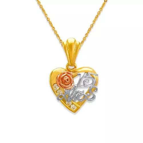 NEW 14K TRICOLOR GOLD 15 ANOS HEART CZ PENDANT: NEW 14K TRICOLOR GOLD 15 ANOS HEART CZ PENDANT 14K Tricolor Gold Approx. 15mm High Polished/Cubic Zirconia Chains Sold Separately Weight: 3.7 Grams