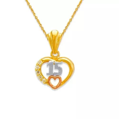 NEW 14K TRICOLOR GOLD 15 ANOS HEART CZ PENDANT: NEW 14K TRICOLOR GOLD 15 ANOS HEART CZ PENDANT 14K Tricolor Gold Approx. 15mm High Polished/Cubic Zirconia Chains Sold Separately Weight: 3.5 Grams