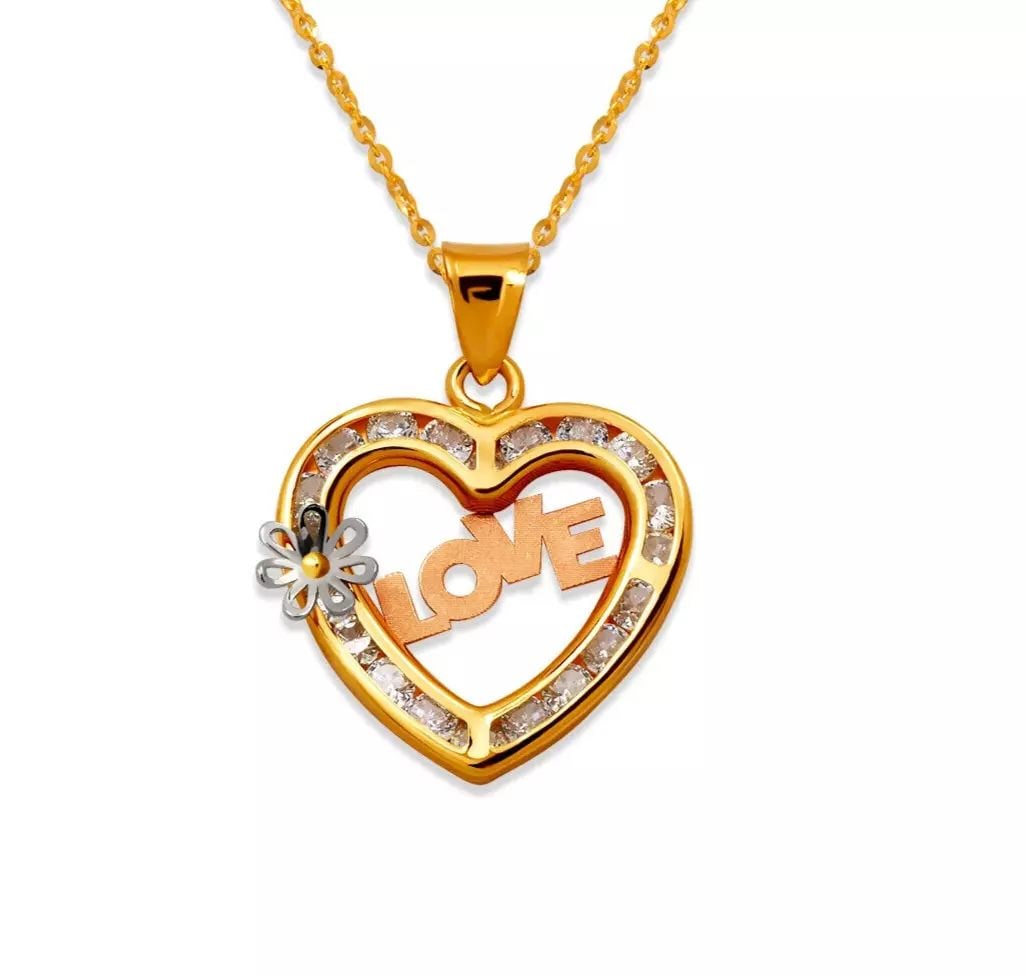 NEW 14K TRICOLOR GOLD LOVE HEART CZ PENDANT: NEW 14K TRICOLOR GOLD LOVE HEART CZ PENDANT 14K Tricolor Gold Approx. 17x16mm Cubic Zirconia Chains Sold Separately Weight: 1.0 Grams