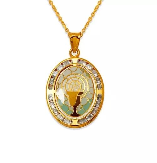 NEW 14K YELLOW GOLD COMMUNION ENAMEL CZ PENDANT: NEW 14K YELLOW GOLD COMMUNION ENAMEL CZ PENDANT 14K Yellow Gold Approx. 17x21mm Chains Sold Separately Weight: 1.5 Grams