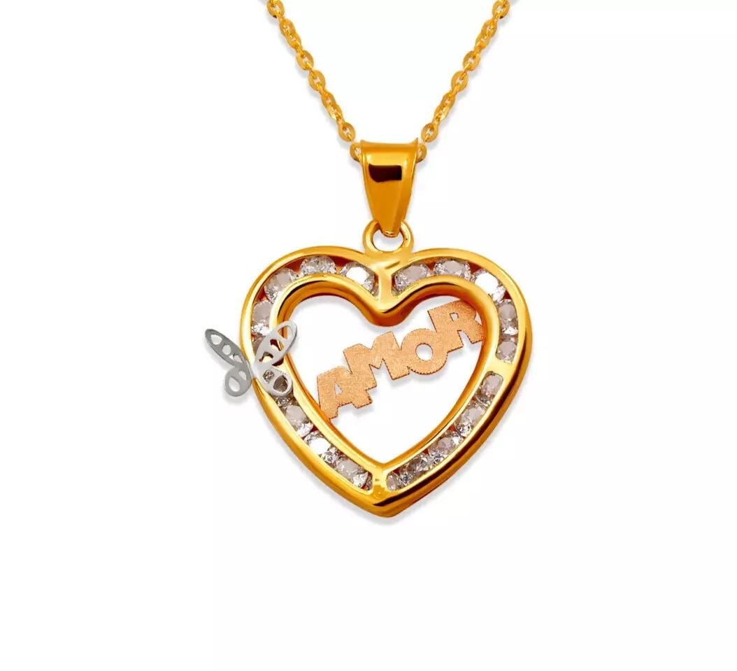 NEW 14K TRICOLOR GOLD AMOR HEART CZ PENDANT: NEW 14K TRICOLOR GOLD AMOR HEART CZ PENDANT 14K Tricolor Gold Approx. 17x16mm Cubic Zirconia Chains Sold Separately Weight: 1.0 Grams