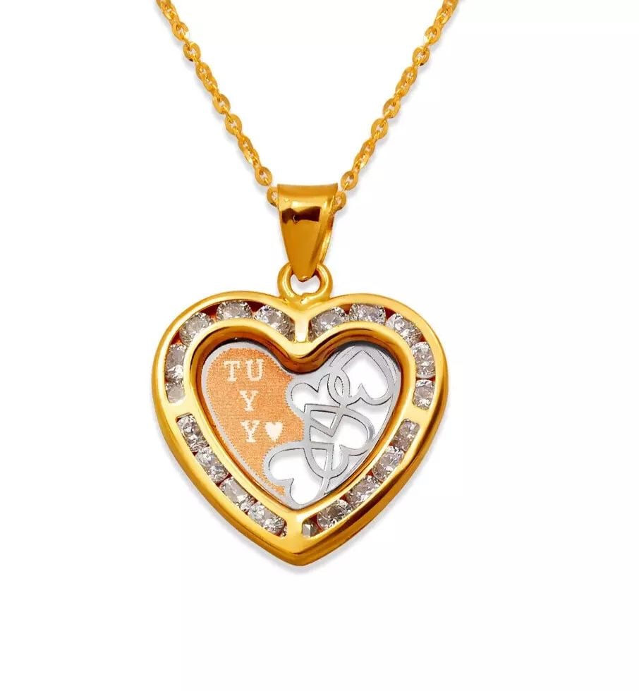 NEW 14K TRICOLOR GOLD TU Y YO CZ PENDANT: NEW 14K TRICOLOR GOLD TU Y YO CZ PENDANT 14K Tricolor Gold Approx. 17x16mm Cubic Zirconia Chains Sold Separately Weight: 1.1 Grams