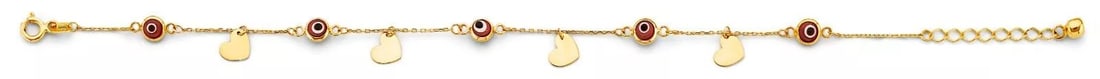 NEW 14K YELLOW GOLD RED EVIL EYE & HEART CHARMS BRACELET: NEW 14K YELLOW GOLD RED EVIL EYE & HEART CHARMS BRACELET 14K YELLOW GOLD NEW RED EVIL EYE & HEART CHARMS BRACELET WEIGHT: 1.5 g