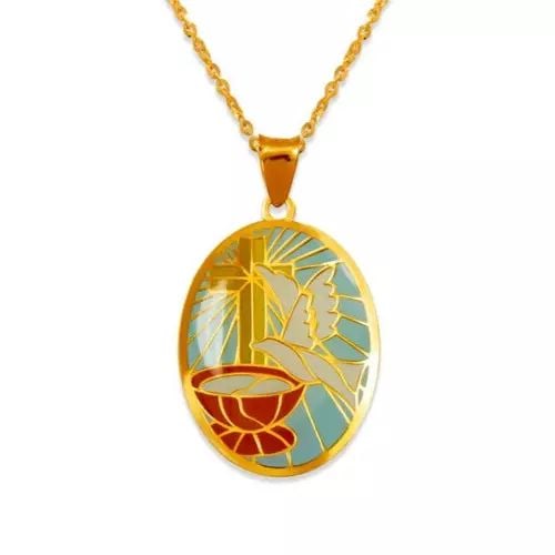 NEW 14K YELLOW GOLD OBLONG BAPTISM ENAMEL PENDANT: NEW 14K YELLOW GOLD OBLONG BAPTISM ENAMEL PENDANT 14K Yellow Gold Approx. 15x21mm Chains Sold Separately Weight: 0.7 Grams