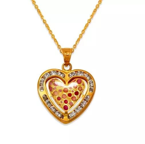 NEW 14K YELLOW GOLD HEART ENAMEL CZ PENDANT: NEW 14K YELLOW GOLD HEART ENAMEL CZ PENDANT 14K Yellow Gold Approx. 17x17mm Cubic Zirconia Chains Sold Separately Weight: 1.1 Grams