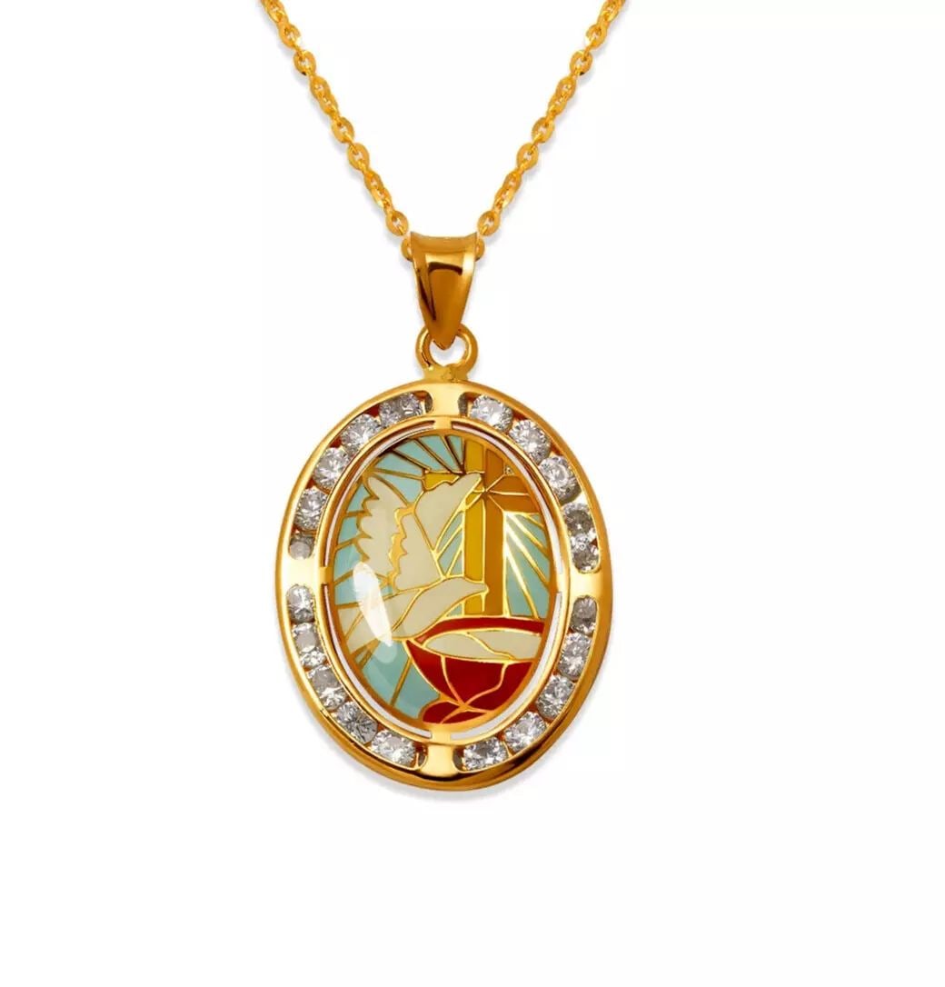 NEW 14K YELLOW GOLD COMMUNION ENAMEL CZ PENDANT: NEW 14K YELLOW GOLD COMMUNION ENAMEL CZ PENDANT 14K Yellow Gold Approx. 17x21mm Chains Sold Separately Weight: 1.5 Grams
