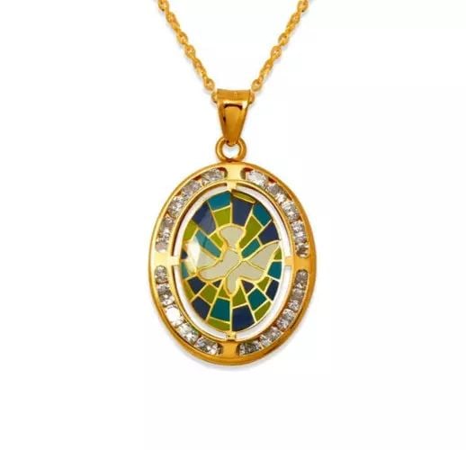 NEW 14K YELLOW GOLD ENAMEL CZ PENDANT: NEW 14K YELLOW GOLD COMMUNION ENAMEL CZ PENDANT 14K Yellow Gold Approx. 17x21mm Chains Sold Separately Weight: 1.4 Grams