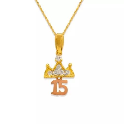 NEW 14K TRICOLOR GOLD FANCY 15 ANOS CROWN CZ PENDANT: NEW 14K TRICOLOR GOLD FANCY 15 ANOS CROWN CZ PENDANT 14K Tricolor Gold Approx. 10x16mm High Polished/Satin Finished/Cubic Zirconia Chains Sold Separately Items in this Set: Earrings, Ring Weight: 1.0