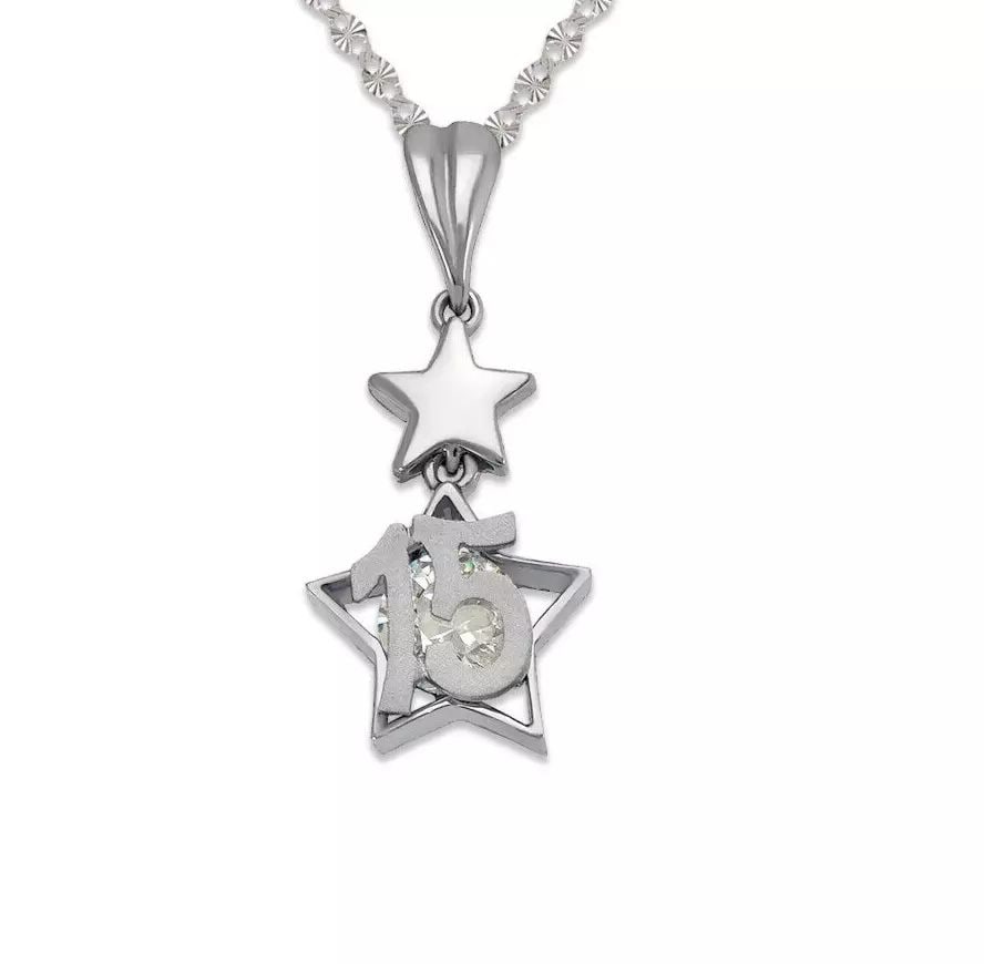NEW 14K WHITE GOLD 15 ANOS STAR CZ PENDANT: NEW 14K WHITE GOLD 15 ANOS STAR CZ PENDANT 14K White Gold Approx. 11x17mm Center, 25mm Total High Polished/Satin Finished Cubic Zirconia Items in this Set: Bracelet, Earrings, Ring Available as a Set