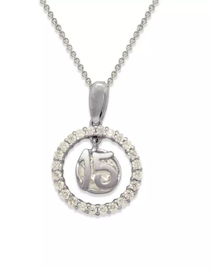 NEW 14K WHITE GOLD FANCY 15 ANOS CZ PENDANT: NEW 14K WHITE GOLD FANCY 15 ANOS CZ PENDANT 14K White Gold Approx. 14mm Center Cubic Zirconia Chains Sold Separately Items in this Set: Bracelet, Earrings, Pendant, Ring Available as a Set Weight: 1.7
