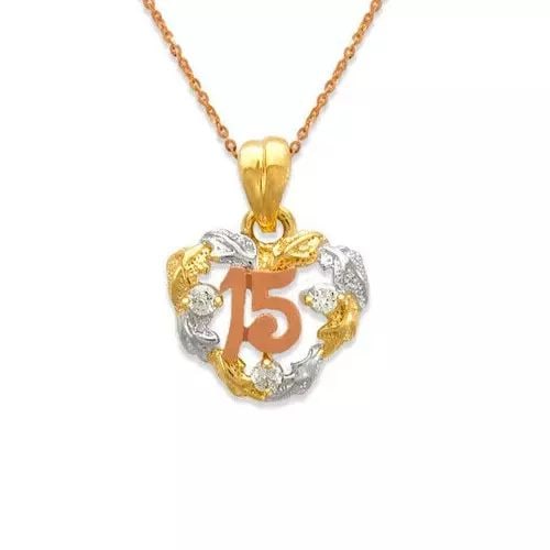 NEW 14K WHITE GOLD FANCY 15 ANOS HEART CZ PENDANT: NEW 14K WHITE GOLD FANCY 15 ANOS HEART CZ PENDANT 14K Tricolor Gold Approx. 15x19mm High Polished/Cubic Zirconia Items in this Set: Ring Available as a Set Chains Sold Separately Weight: 1.9 Grams